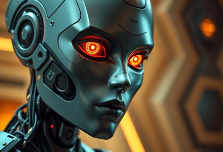 A close-up of a futuristic humanoid android with a sleek, metallic face in shades of teal, grey, and black. The android’s glowing orange-red eyes have geometric, mechanical pupils, giving an intense, focused gaze. Its face is smooth and humanlike, but segmented with visible panel lines and printed alphanumeric codes like "94R" beneath one eye. The lips are matte black, expressionless and cold. Attached to the side of the head is a cybernetic module with small illuminated symbols, hexagonal grids, and a connector-like structure. The neck transitions into a complex, dark mechanical collar made of layered, textured materials with cables and joints. The background is softly blurred with warm beige-yellow lighting and indistinct futuristic shapes, suggesting a sci-fi indoor setting. The overall mood is high-tech, enigmatic, and slightly ominous.