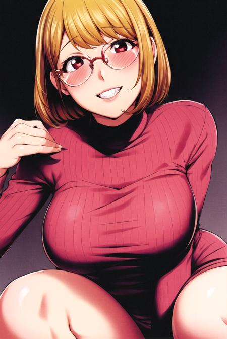 kon-kit, kaya izumi,

1girl, blush, brown hair, glasses, large breasts, navel, red eyes, short hair, smile, solo focus, blonde hair, red sweater, portrait, portrait, ;\)

<lora:konkit:0.7>