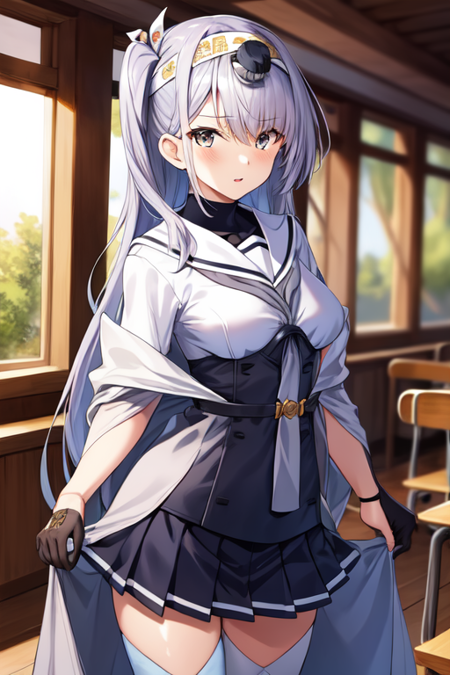 fuyutsukiKC, 1girl, solo,long hair,skirt, thighhighs, gloves, school uniform, serafuku, black gloves, sailor collar, neckerchief, headband, one side up, clothes writing,white shawl, half gloves, hachimaki, 