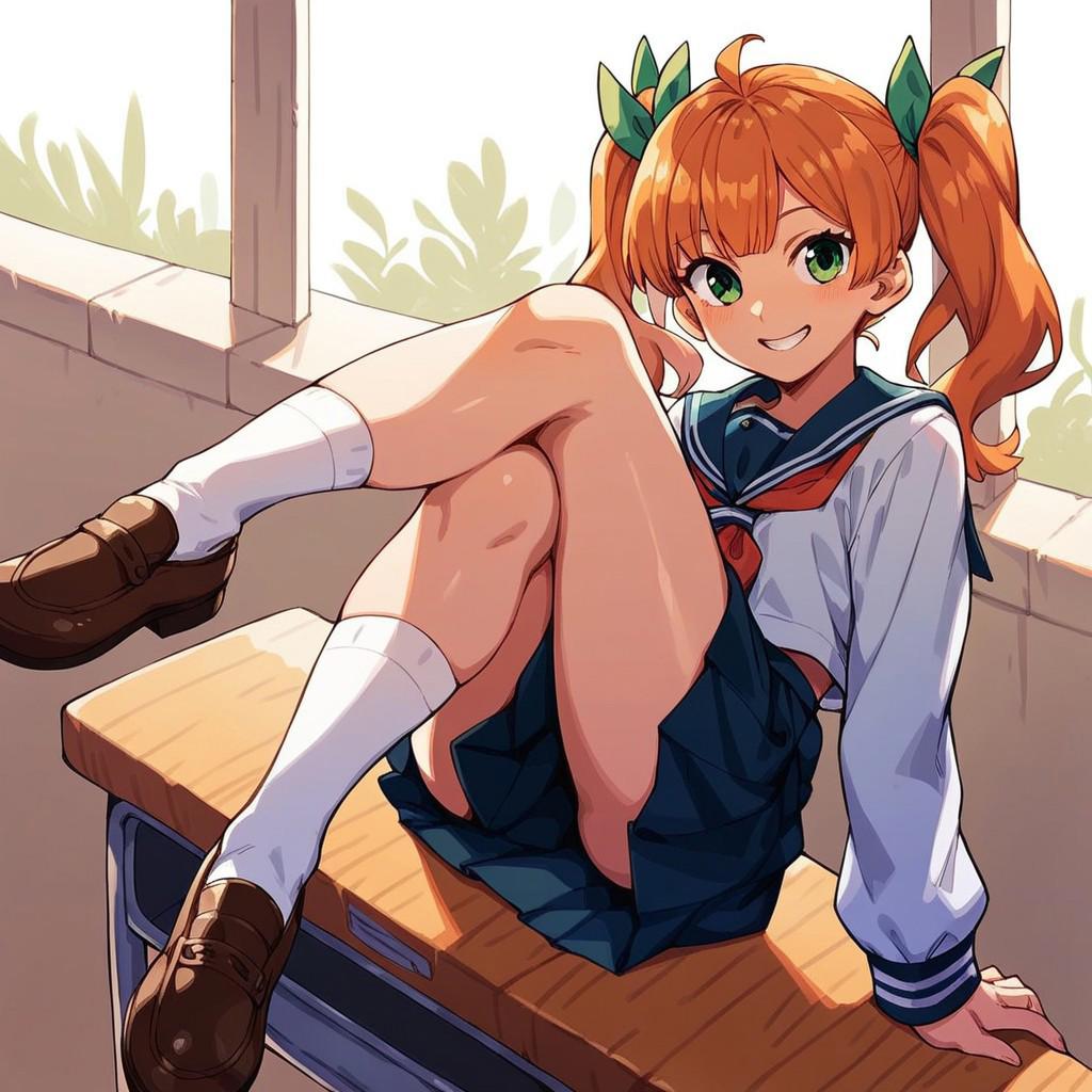 score_9, score_8_up, score_7_up, 
1girl, orange hair, twintails, school uniform, sitting on desk, crossed legs, skirt, looking at viewer, green eyes, smile