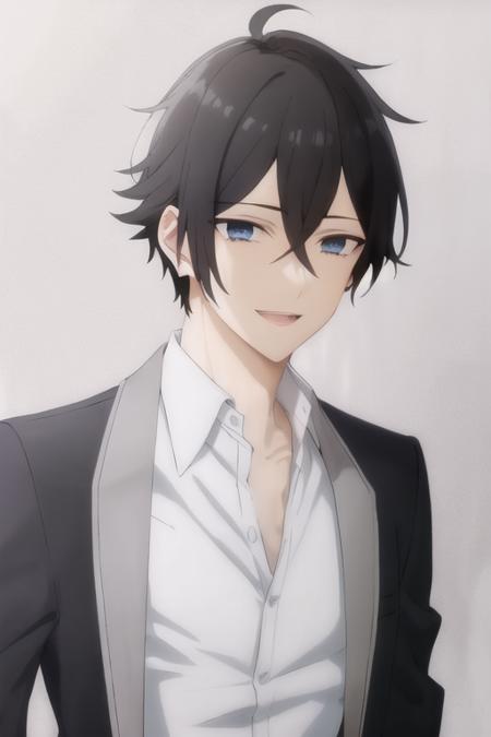 <lora:MiyamuraIzumi_LoRA-10:0.6>,1boy,black hair,male focus,solo,hair between eyes,blue eyes,(white shirt),upper body,white background,big_smile,(open shirt),show_chest,