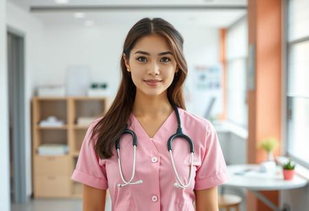 medium shot, symmetrical front view of a Beautiful real young woman, pink clinic uniform, office work space at the background