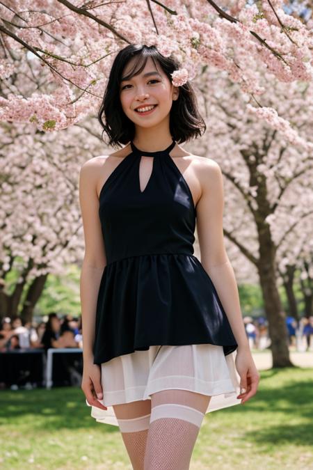 photograph of a cute girl,blackhair,pale skin,freckles,blush,innocent,blossom festival,Porta 160 color,shot on ARRI ALEXA 65,bokeh,sharp focus on subject,shot by Don Giovanni,nsfw,halter_dress,black_pantyhose,full_shot,kind_smile,Smartphones,in summer,absurdres,