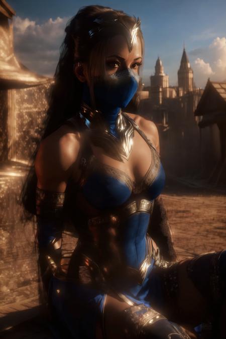 <lora:kitana:0.8>, kitana, masterpiece, best quality,  ultra high res, (photorealistic:1.4), raw photo, finely detail, ultra detailed, highres, best shadow, sharp, focus, 8k UHD, DSLR, high quality, long hair, solo, 1girl, gloves, black hair, thighhighs, skirt, elbow gloves, sky, sitting, blue thighhighs, looking at viewer, outdoors, blue sky, cloud, sunlight, city, building, mask, veil, brown eyes, mouth mask, covered mouth, mouth veil