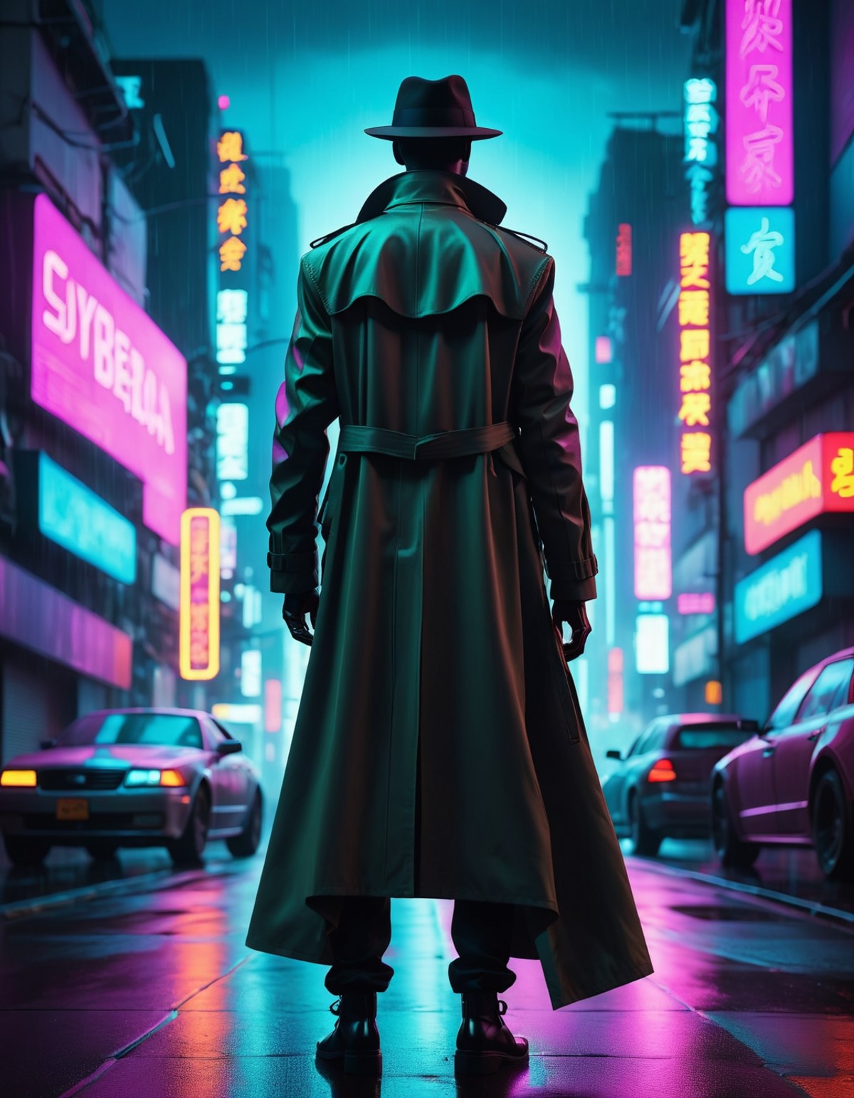 A figure clad in a trench coat and fedora, silhouetted against the neon lights of a rainy city street., (futuristic Neon c...