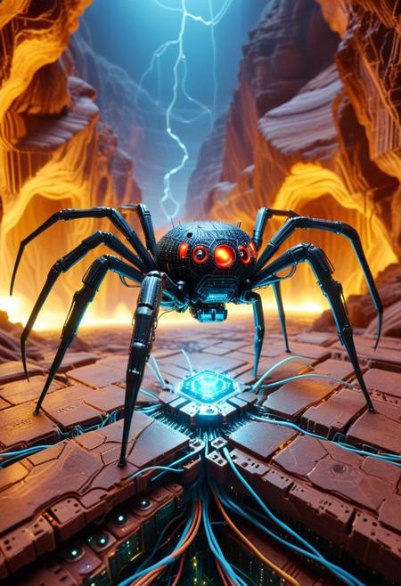 a spider-like inspection drone crawling across a glowing server canyon, legs articulated with etched flex cables, lens-eye scanning along voltage paths like veins, tiny fans spinning beneath its chassis, trailing a filament of diagnostic code, pcb_style