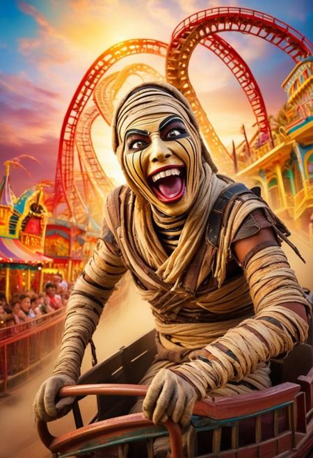 A hilarious and playful scene of an ((ancient mummy)) enjoying a thrilling roller coaster ride. The mummy, wrapped in tattered bandages, is shown grinning and holding on for dear life. The roller coaster is bright and colorful, with twisting tracks and loops that create a sense of excitement. The background shows a bustling amusement park, filled with screaming riders and various attractions, giving off an eerie yet entertaining atmosphere.