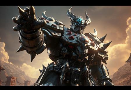 Gouki The Great Ogre robot,epic Harpies' Hunting Ground backgrounds details, black & silver, blue head/visor, red & silver chest plate/joints/spikes, tilted head, dynamic action pose, cinematic lighting, trending on Artstation, Octane Render, Unreal Engine 5 pro, WLOP style, 4K, intricate details, CGSociety, splash ink illustration, Raphael style, Houdini style, grammer effect, golden ratio.