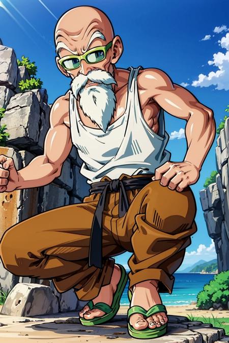 muten roushi, 1boy, facial hair, male focus, solo, beard, old man, green sandals, bald, sunglasses, white hair, mustache, clenched hands, rock, knee up, blue sky, yellow-framed eyewear, white tank top, light brown pants, brown sash,blue-tinted eyewear