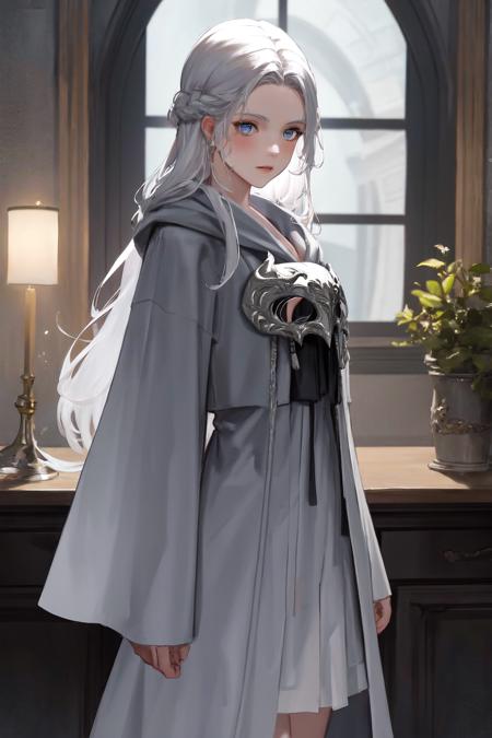 masterpiece, best quality, highres, 1girl, venat, grey robe, mask <lora:venat:1>