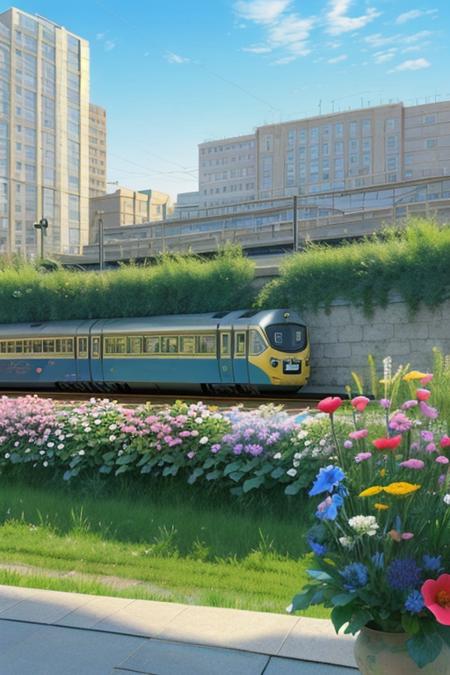 a photo of the nice Isometric_Dreams, a painting of a flower in a vase with a train on it's side and a building in the background