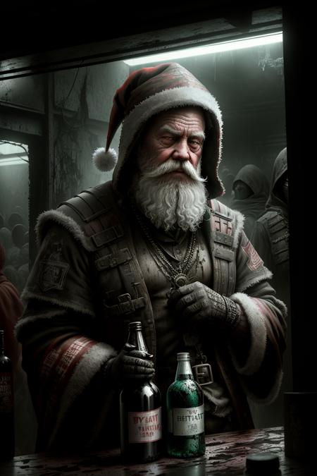 dystopianx style, drunk, creepy santa, muddy, crowded bottles bar, intricate details, hdr, intricate details, hyperdetailed, cinematic, dark shot, muted colors, film grainy, soothing tones, muted colors, technicolor