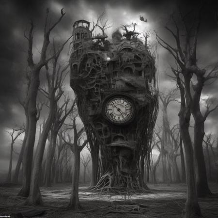 At the heart of this scene lies a symbol of distorted time: a massive clock, its face drooping and melting, drapes languidly over one of the skeletal trees. The numbers on its face warp and stretch, indicating a place where time has lost all meaning.