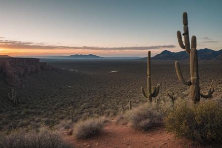 raw photo, a sunset landscape, Arizona desert, Saguaro Cactus, Tall Mesa,  cozy, photorealistic, high detailed texture, 8k uhd, dslr, soft lighting, high quality, film grain, Fujifilm XT3, Sony A7 IV, highly detailed photography, (muted colors, cinematic, dim colors, soothing tones:1.2), vibrant, insanely detailed, hyperdetailed, (dark shot:1.2), (vsco:0.3), (intricate details:0.9), (hdr, hyperdetailed:1.2) (highest coherency: 1.39) (highest quality: 1.39) (rule of Thirds) (award winning) (breathtaking) (masterclass) (vibrant color: 0.79) (distant hillside) (tall cliffs in distance; 1.19)
