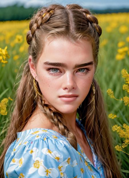 portrait of Brooke Shields, amused , wearing pajamas , with yellow Braids , background field of flowers epic (photo, studio lighting, hard light, sony a7, 50 mm, matte skin, pores, colors, hyperdetailed, hyperrealistic), <lyco:Brooke Shields:1.1>