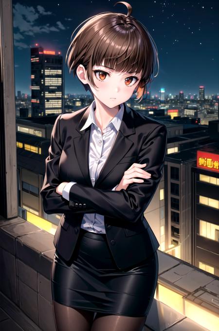 (masterpiece, best quality, detailed), 1girl, solo, outdoors, cyberpunk, city, night, city lights, neon lights, cowboy shot, from above, legs apart, crossed arms, alley,
tsunemori akane, pencil skirt, dress shirt, black jacket, pantyhose, black skirt  <lora:TsunemoriAkaneV2_3:1> <lora:more_details:0.5>