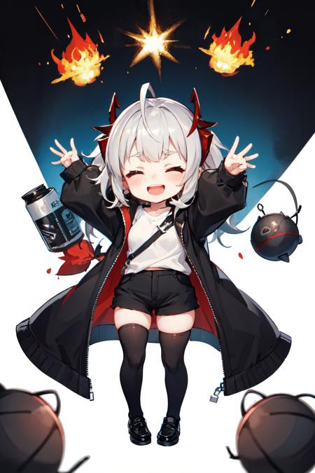 w arknights, closed eyes, grenade, full body, solo, shoes, >_<, thighhighs, thick eyebrows, facing viewer, black shorts, white shirt, chibi, ahoge, smile, jacket, grey hair, open jacket, horns, explosion, demon horns, explosive, open mouth, puffy long sleeves, shirt, standing, skirt, black jacket, long sleeves, :d, puffy sleeves, black skirt, arms up, open clothes, holding, xd, black thighhighs, shorts, blush, short eyebrows, 1girl, white background, bomb, black footwear
 <lora:w_arknights:1>