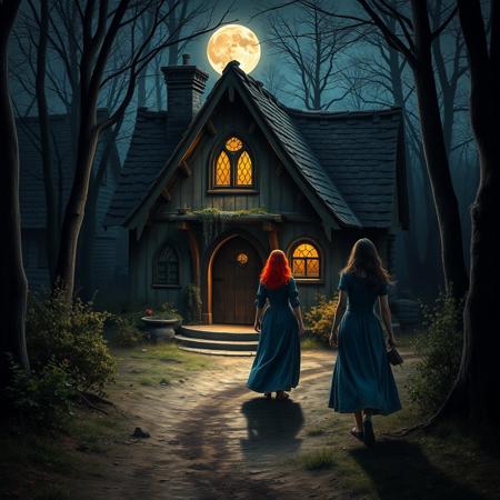 A highly detailed photograph of a gothic style medieval witches cottage, illuminated by a full moon, the cottage stands in woodlands, a narrow dusty path leads to the cottage door, where a red haired witch is standing, a dark haired woman in a blue dress makes her way along the path towards the her. Medieval fantasy setting, medieval fantasy world. fantasy character, RPG, DnD, trees, bushes