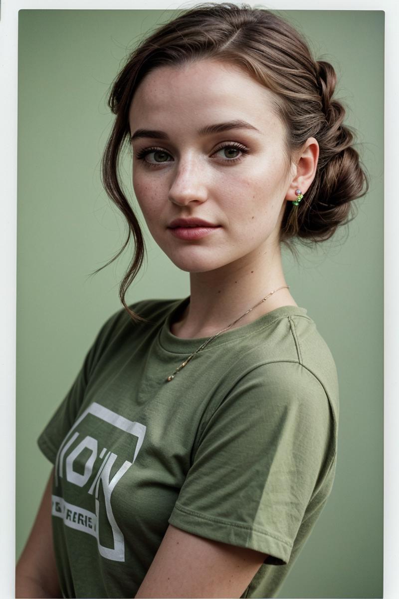 A woman with long brown hair wearing a green t-shirt and earrings.