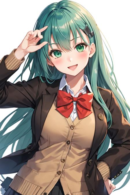 best quality, masterpiece, highres, solo, {suzuya_kantaicollection:1.15}, long_hair, hair_ornament, aqua_hair, hairclip, blush, breasts, smile, aqua_eyes, green_eyes, hair_between_eyes, large_breasts, green_hair, 1girl, blazer, bow, bowtie, brown_jacket, cardigan, jacket, looking_at_viewer, red_bow, school_uniform, red_bowtie, upper_body, simple_background, white_background, open_mouth