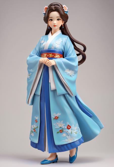 1girl, (asian:1.25) girl, figurine, anime style, dark brown hair, detailed hair, volume hair, radiant eyes, realistic, pretty face, detailed lips, glossy skin, simple background,  highly detailed traditional hanfu, hanfu slippers, playful pose,