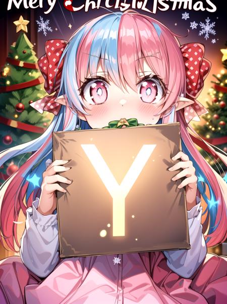 (Red Christmas dress:1.3), Christmas hair ornament, (glowing Christmas tree:1.3), (blush:1.2), Innocent, (shy:1.2), cute, Flat, Medium hair, Skirt, masterpiece, best quality, Side ponytail, (light pink hair:1.3), (gradient hair:1.0), white horns, Pointy ears, layered, frills, bare shoulders, sleeves, (Light blue hair:1.2), (Glowing sign text:1.3)