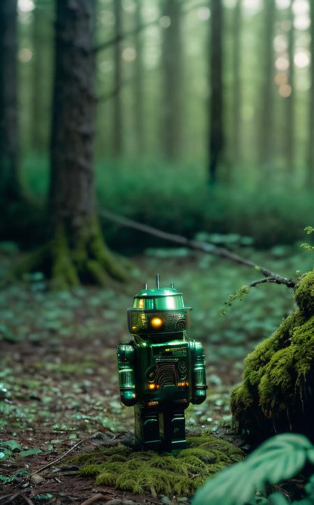 analog film photo (masterpiece:1.2), (A weathered android stumbles through a bioluminescent forest, their polished chrome plating reflecting the otherworldly glow of the flora, Emphasize the interplay of technology and nature, with moss growing over exposed wires and intricate circuitry peeking through broken armor, High contrast, vibrant colors, bokeh, soft focus:1.1), (art by Karel Thole:1.4), (hyperdetailed:1.1), (intricate details:1.0), (Refined details:1.1), (best quality:1.1), (high resolution:1.2) . faded film, desaturated, 35mm photo, grainy, vignette, vintage, Kodachrome, Lomography, stained, highly detailed, found footage