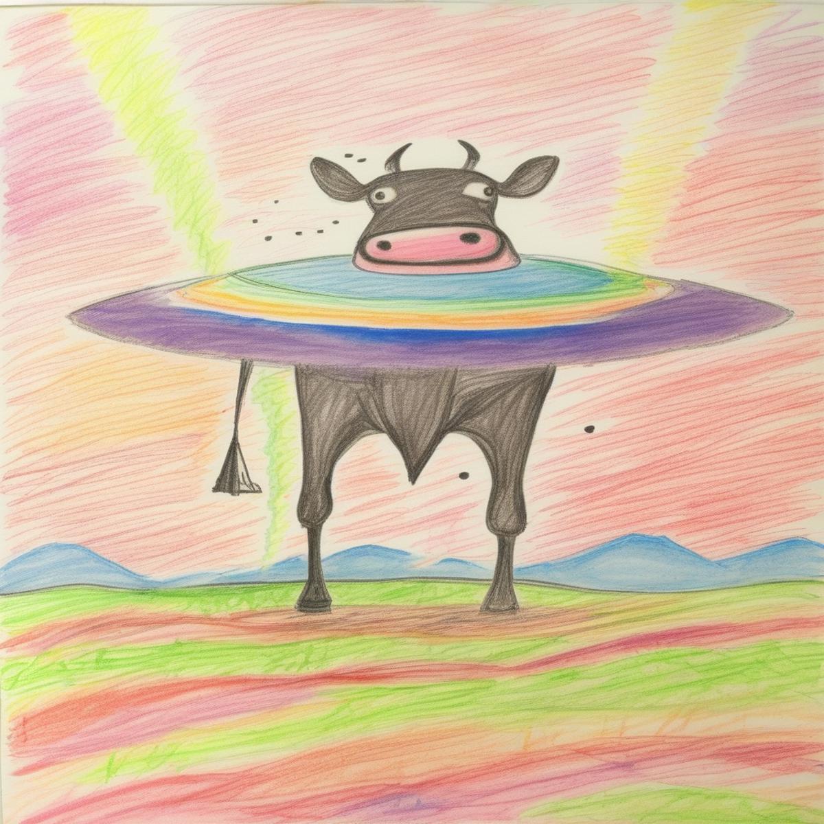 A drawing of a cow on a rainbow colored Frisbee.