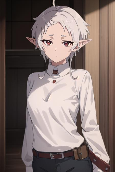 sylphy, <lyco:sylphys2-lyco-nochekaiser:1>, 
sylphy, short hair, ahoge, white hair, pointy ears, (red eyes:1.5), elf,
BREAK long sleeves, boots, pants, uniform, shirt, (white shirt:1.5),
BREAK indoors, library,
BREAK looking at viewer, (cowboy shot:1.5), 
BREAK <lyco:GoodHands-beta2:1>, (masterpiece:1.2), best quality, high resolution, unity 8k wallpaper, (illustration:0.8), (beautiful detailed eyes:1.6), extremely detailed face, perfect lighting, extremely detailed CG, (perfect hands, perfect anatomy),