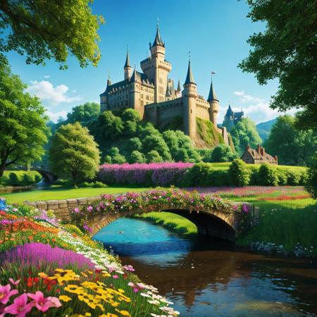 photorealistic. a flower field with a bridge and a river, a castle in the distance