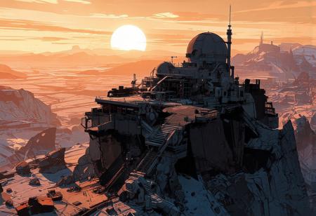 Aerial view, looking down upon Mars' Great Scar—an immense canyon. A scientific research station, almost a futuristic city, stands on its edge. Large boulders and small rocky spurs are scattered throughout the terrain. The city is perched atop a massive rocky outcrop, overlooking the vast canyon, a barren desert valley. Its architecture is sleek and harmonious, made of glass and steel. A grand building with a colossal astronomical observatory dome towers over the other structures.
Multiple platforms host residential and research facilities, with scattered lights, intricate staircases, and antennas spread throughout. The city is surrounded by a vast expanse of frozen rock. At the base of the outcrop, a dozen smaller research domes, pipelines, conduits, and massive extraction machines fill the foreground, where activity is bustling across the plain. In the distance, a glacier stretches across the frozen expanse, not far from a spaceport.
The sky is intensely illuminated as the sun sets, casting an orange glow over the icy blue city. The air is frigid, with ice crystals drifting in the wind, lifting snow and dust just above the ground.