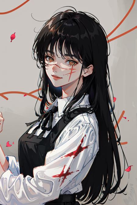 (masterpiece, best quality), illustration,  <lora:yoruchainsawmanv3:1>, yoru, 1girl, long hair, yellow eyes, scar on face, ringed eyes, pinafore dress, black belt, black ribbon, smile, petals, blood, (wallpaper), (8k hd),