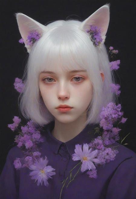 `white hair, shoulder-length hair, straight hair, 20 years old, catgirl, cat ears, cute, pale skin, blushed face, snub nose, flowers, collar, purple theme, white theme, digital artwork by Beksinski, portrait