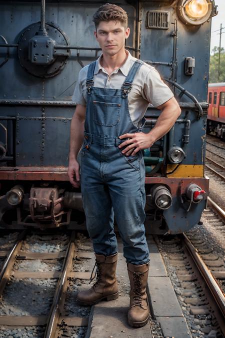 late 19th century, standing next to a locomotive engine on railroad tracks, DevinFranco is a train engineer, wearing light blue shirt, blue ((striped) engineer overalls), boots, red neckerchief, ((full body portrait)), wide angle <lora:DevinFranco-000006:0.8>