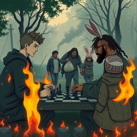I would like the cover to depict 2 people playing chess in the middle of a park that is in flames. One of the players should have light skin and short curly hair and wearing a dark hoodie and sinister smile. The other player should be very tall and light brown skin with short curly hair looking similar to victor wembenyama. In the background there should be 4 people walking away with a bag of money; out of those 4 characters, one should be a fair skinned tall slightly heavy-set burly man with long hair and beard and glasses, the other should have black dreads and dressed up like he’s from the grunge era, the other should have brown skin and short curly hair and wearing 80s punk rock leather clothes, and the last person should have brown skin and dressed in fishing gear with a beanie that resembles pink and white bunny ears.