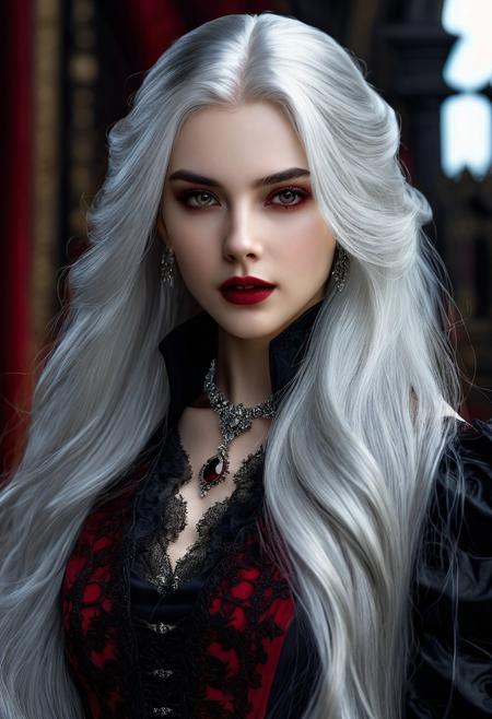 A 20 year old female vampire, 
devilishly beautiful with long silver hair, 
photo realistic