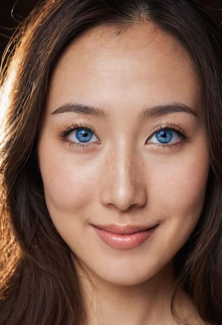 Full body portrait, photo of a beautiful 30 years old Asian woman, very pretty, fit, smile, shy smile, skinny, highly detailed face, highly detailed skin, freckles, natural breasts, large breasts, perfect breasts, hard nipples, Rounded ass, brunette hair, pubic hair, long hair, straight hair, blue eyes, perfect eyes, detailed eyes, happy, hard shadows, dark, nighttime, overexposed filter