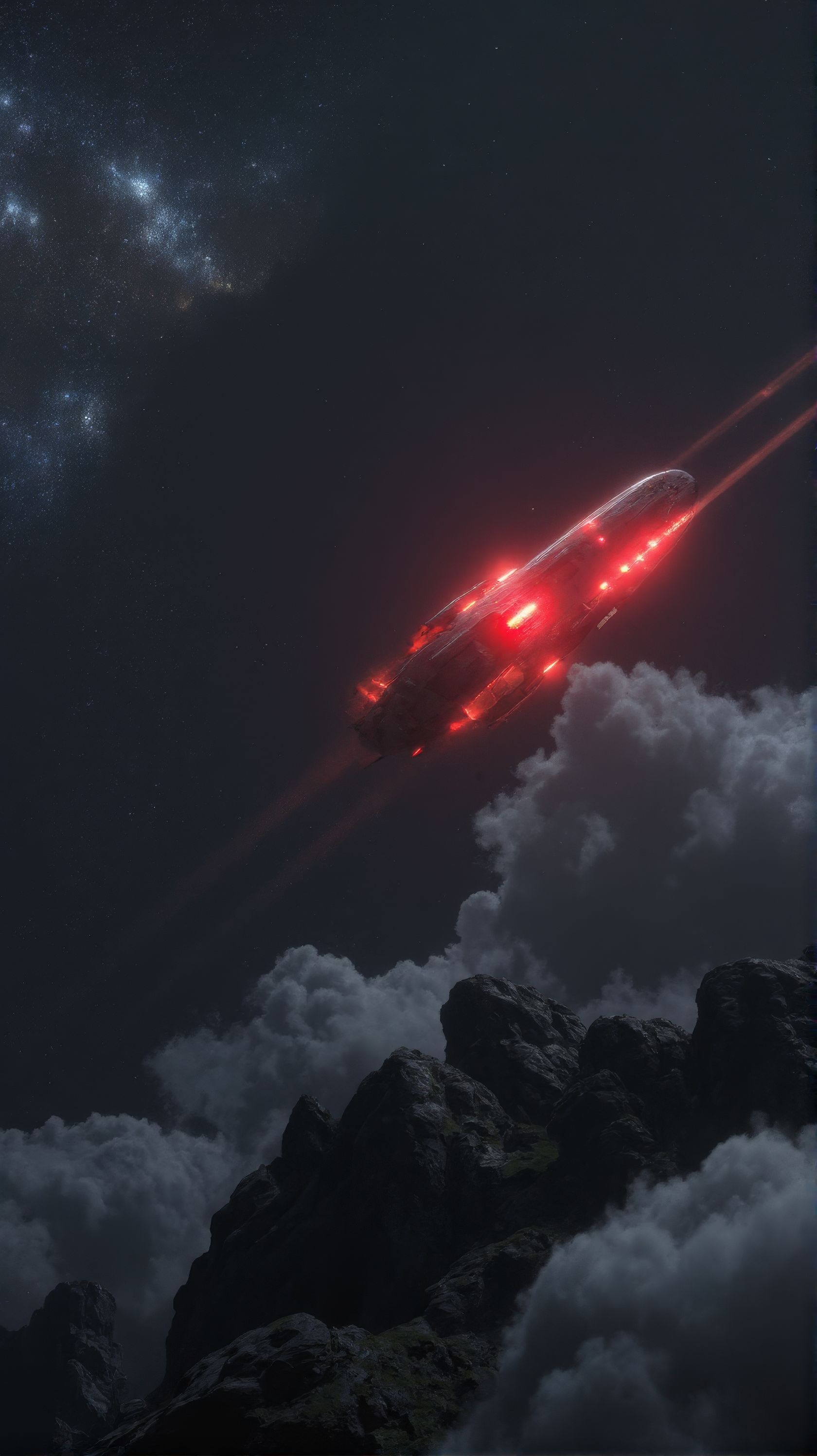 A large spacecraft or asteroid streaking diagonally across a star-filled night sky, illuminated by intense red lights along its hull. The object moves through billowing gray and white clouds that partially obscure dark rocky terrain below. The bright red illumination emanating from the vessel contrasts with the blue-black starry sky above, with nebulae and scattered points of starlight visible in the upper left portion of the frame. 