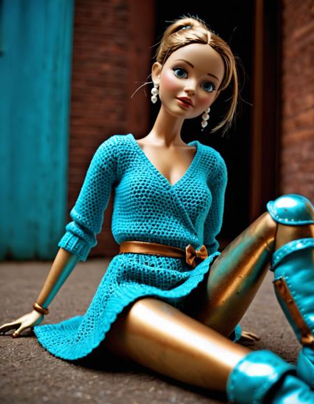cinematic film still . lazypos, dutch angle, volumetric lighting, sfw, no_humans, 
pms style, (patina metal skin:1.1) puppet, glass_eyes, (expressionless), short ponytail, dressed in a sky blue  crocheted sweater, wrap dress, tiny boots, golden soft blush, matching bow,pearl earrings, (doll joints), long arms, long legs, lying on side, lying on the side with a coy and alluring expression, creating a captivating and intimate pose, in located in a vibrant party, featuring bright decorations, music, fun games, dancing dolls, in the morning, 
, <lora:Patina_Metal_Skin:1> . shallow depth of field, vignette, highly detailed, high budget, bokeh, cinemascope, moody, epic, gorgeous, film grain, grainy