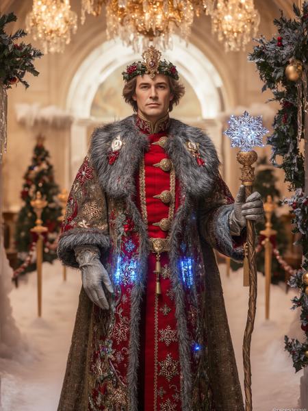 A regal figure in a fur-lined overcoat, embroidered with snowflakes and trimmed with shimmering ice-blue accents. Their crown is a wreath of holly leaves and berries, and they hold a scepter topped with a glowing crystal snowflake. Standing in an icy palace adorned with frosted garlands, they exude authority and festive elegance