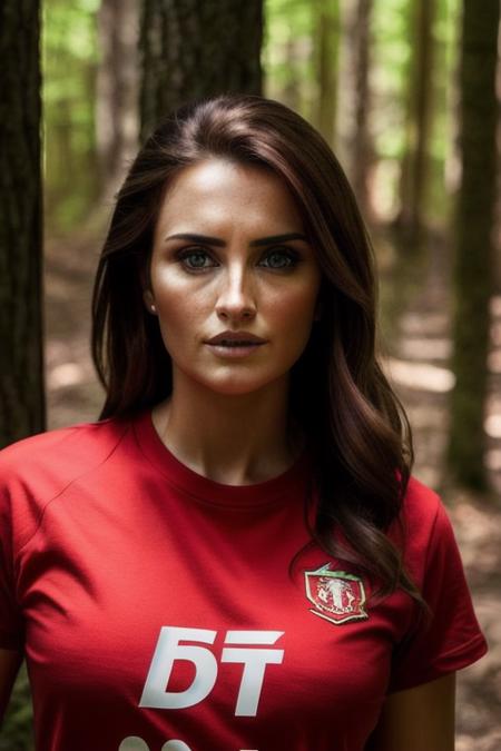 Picture, best quality, a woman in the forest, photo of beautiful PC<lora:PC:1.0>, red t-shirt, looking at viewer, perfect face, perfect eyes, sharp focus, Intricate, High Detail, dramatic, photorealistic,