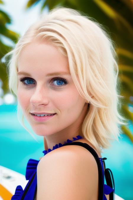 a beautiful [blonde] woman on a yacht, raising eyebrows, vacation, island paradise in the background, perfect face, clear eyes, smiling, close up, 8k, uhd, raw, masterpiece <lora:janoukKelderman:1>