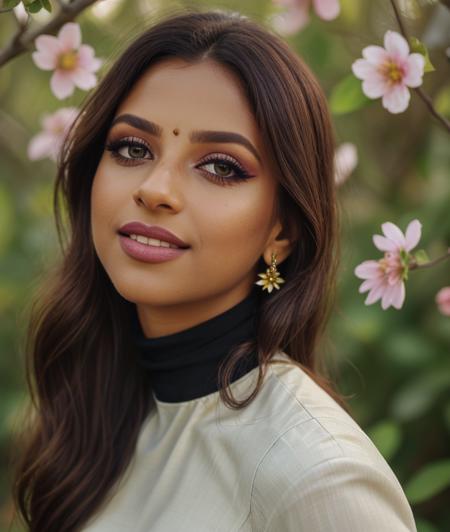 s4ar0m, nature, Spectacular light, Colorful flowering, 8k, soft lighting, high quality, film grain, Olympus OM1 sharp focus, f 3.4, (eye shadow), (eyeliner), ((detailed eyes)), (seductive pose), upper body, smile, upper body, dress, Long dress, breast, Turtleneck, Kaziranga National Park, ((close portrait, close portrait, close portrait, close portrait))