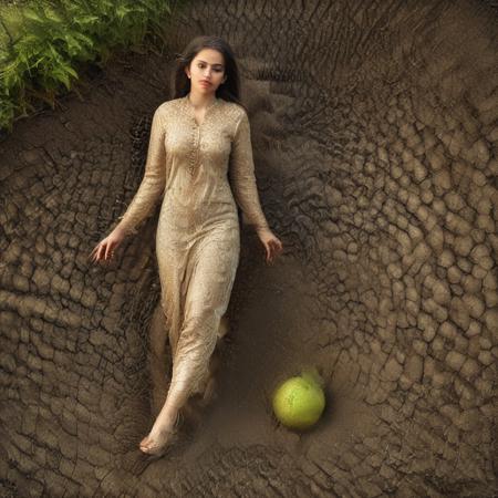 sn4ke, Zoom out image, full body image, female, glowinfg flash eyes, kurta and pajama, she pressing ball in soil by her foot, high heels, ball going in soil, deformed ball submerging in soil under pressure of foot.