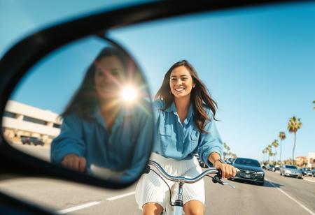 photograph of A smiling beautiful woman dressed in a blue oversized shirt and a white pleated skirt, riding a bicycle, looking at her own reflection in car wing mirror, close up, wide angle, The scene is set on a sunny day with clear blue skies, showcasing an urban street environment with cars and palm trees in the background. The image exhibits a light flare and is partially framed through a circular object, adding a unique visual effect to the composition. The overall mood is carefree and joyful, capturing a casual and stylish moment.