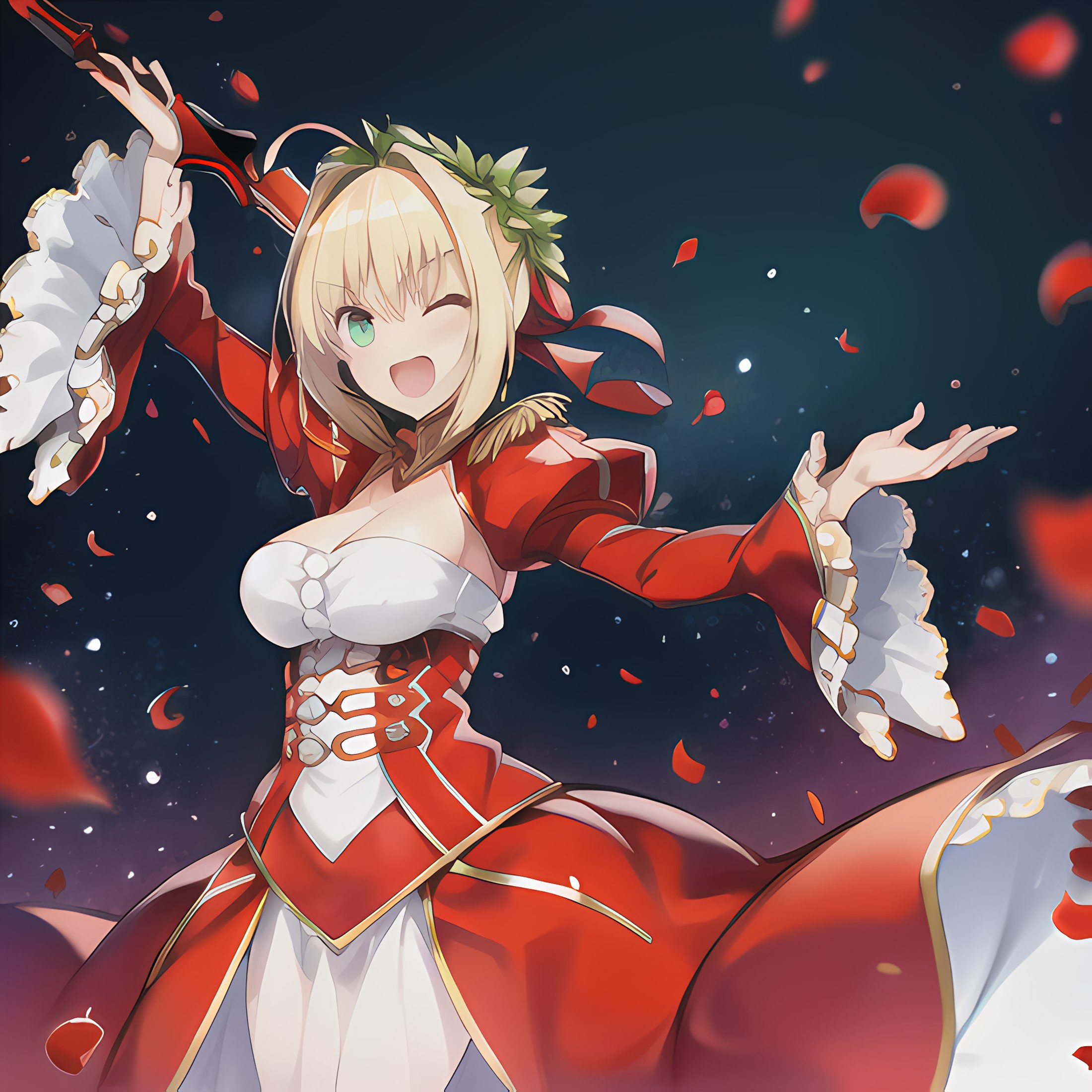 Nero Claudius, 1girl, solo, looking at viewer, blush, smile, open mouth, large breasts, long sleeves, dress, cleavage, hai...
