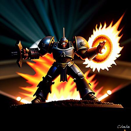 Generate a stunning art style, a true [masterpiece] [best quality] of art. The image showcases [detailed linework], [dynamic shading], and [dramatic lighting], bringing to life a [dreading atmosphere, grim dark coloures] . In the background a [gothic city, siege, explosion,  warhammer 40k] is to be seen in [grand:1.8, high-scale:1.8, panorama:1.8] from [from below].
wh40k_freeblade, (gigantic size , enormous, giant, size difference) is (solo:1.5), (full body), (charging forward) in to the enemy. It has as  [(armament reaper_chainsword on right arm), (armament  battle_cannon on left arm)].
<lora:wh40k_freeblade:0.9>