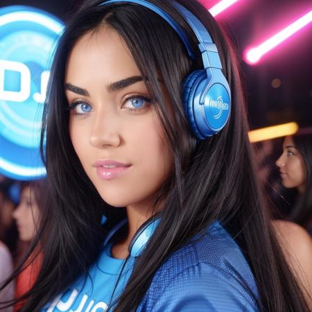 one girl, black hair, light blue eyes, is a dj, red dress, headphones , in a packed nightclub, laser, neon, champagne, fireworks, teasing, posing,cute ass  sexy, sexy face , perfect face, perfect body, ultra-detailed face, ultra-detailed eyes, looking at viewver <lora:JadeLaroche:0.6>