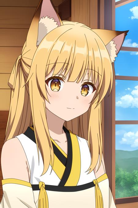 nina, 1girl, solo, long_hair, looking_at_viewer, bangs, blonde_hair, animal_ears, bare_shoulders, brown_eyes, closed_mouth, collarbone, yellow_eyes, upper_body, detached_sleeves, japanese_clothes, sky, sleeveless, day, cloud, blue_sky, animal_ear_fluff, fox_ears, window, sleeveless_kimono