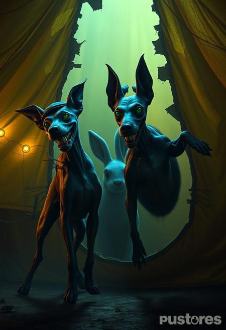 A highly detailed, photorealistic depiction of a bizarre, genetically mutated creature resembling Siamese twin dogs. The creatures have skinny, flesh-bound bodies with patchy, dull fur resembling a Dobermann, with an oversized tail, grotesquely large ears, and unnaturally short legs. One of them is grinning with wide, distorted eyes, its fur now an eerie blend of dark purple and gray. It wears a once-elegant, now weathered Italian hat. Biotech implants pulse with a sickly green glow, blending with swollen, cancerous carcinomas protruding from their flesh. They battle a large, shadowy rabbit, hiding in a hole within the torn, grimy fabric of a giant yellow circus tent.
The scene is drenched in creepy, low light, casting long, distorted shadows and bathing everything in a haunting, cold blue and sickly yellow hue. The circus is filled with flickering, broken carnival lights, creating an unsettling, nightmarish atmosphere. Hovering above the scene is a tattered, high-tech cardboard sign labeled ‘BUZZ 4 DNA,’ glowing with ominous, toxic neon colors. The entire setting feels unsettling and surreal, with a sinister edge.